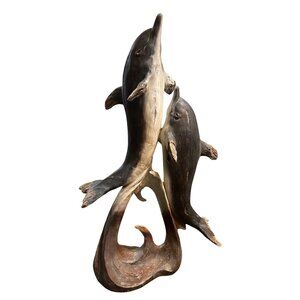 Dolphin Sculpture 2 Dolphins Swimming On Wave Base Nautical Decor 20"